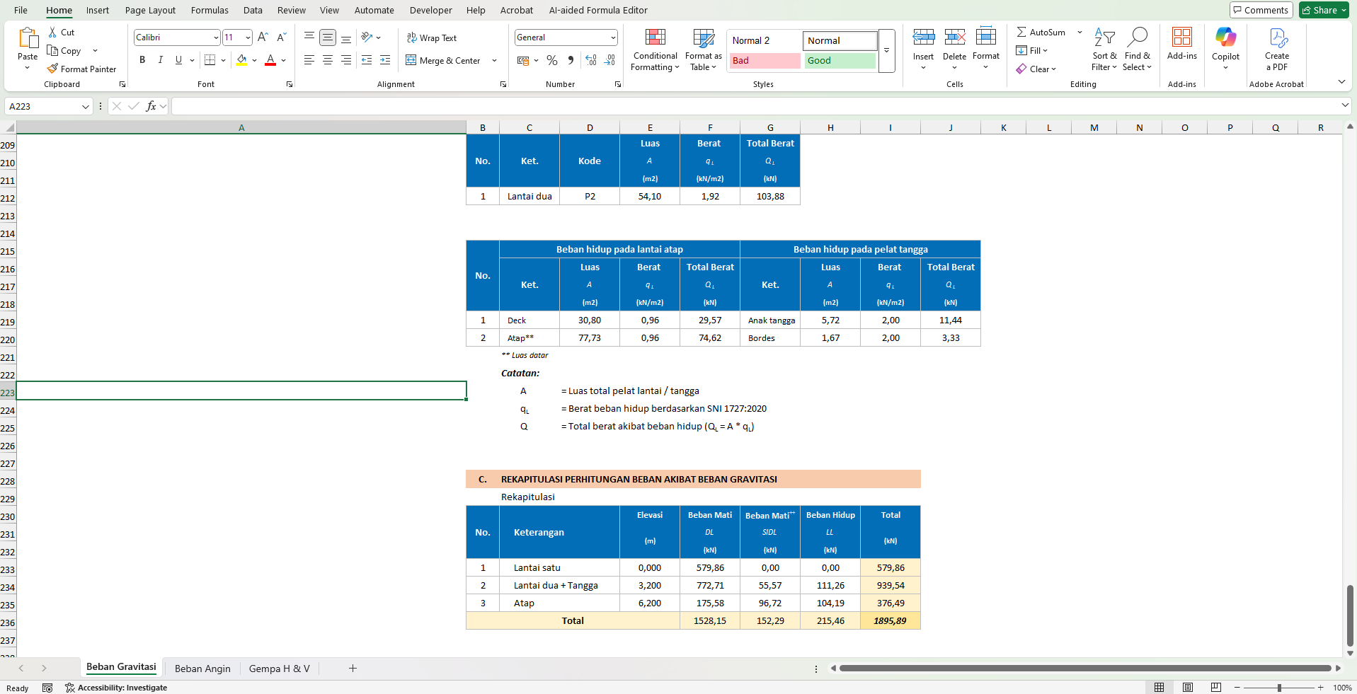 [Spreadsheet] Perhitungan Pembebanan Gravitasi dan Lateral Perumahan Dua Lantai - Image 3